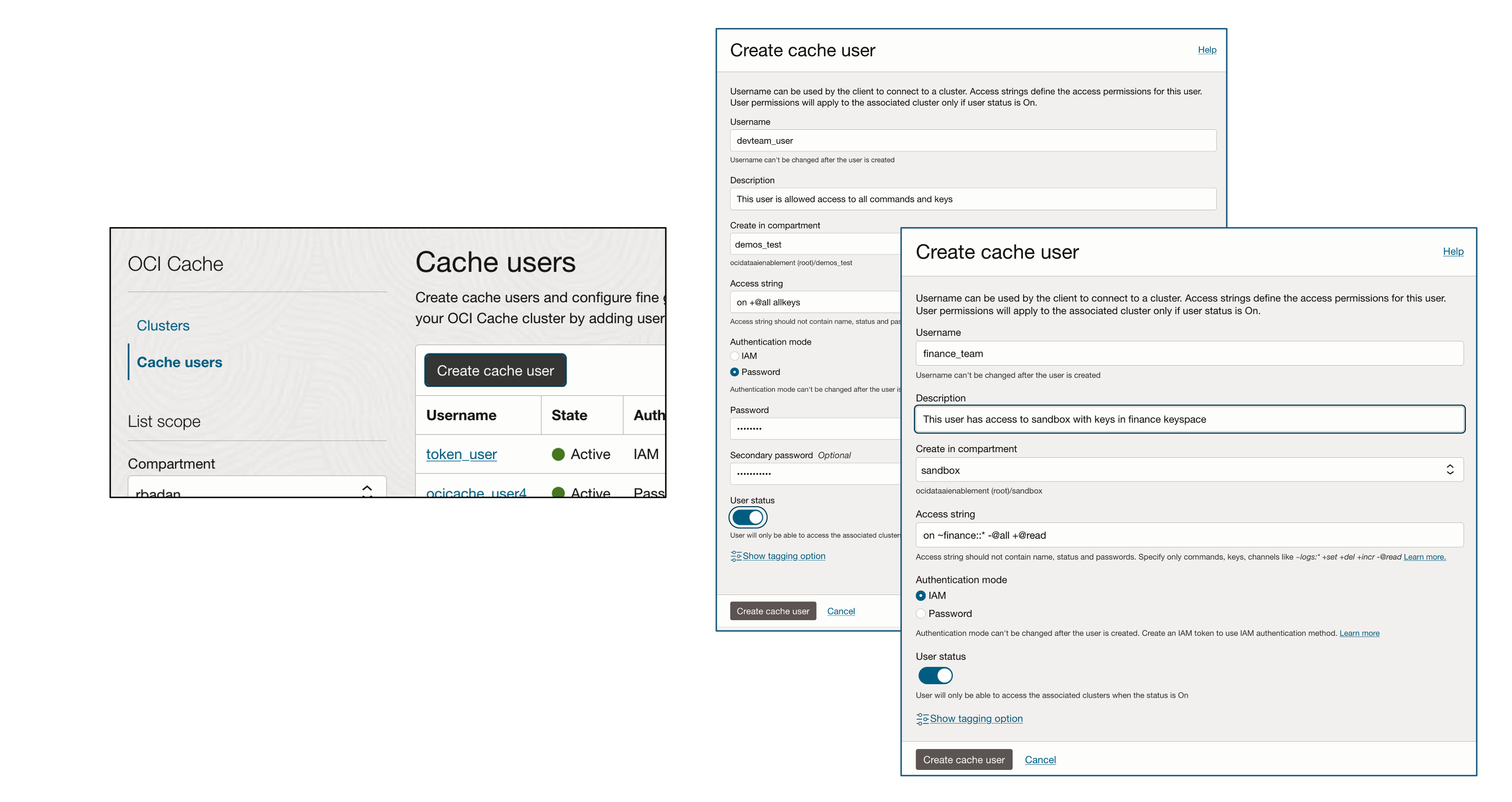 Figure 1: New Create Cache Users interface