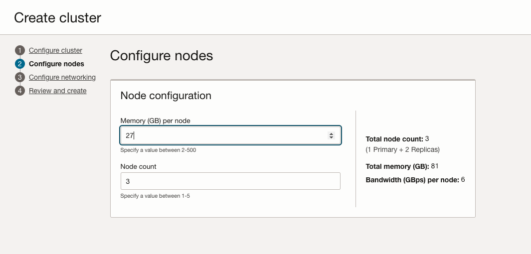 A screenshot of the Create cluster screen in the Oracle Cloud Console, showing how to configure nodes for flexible Redis.