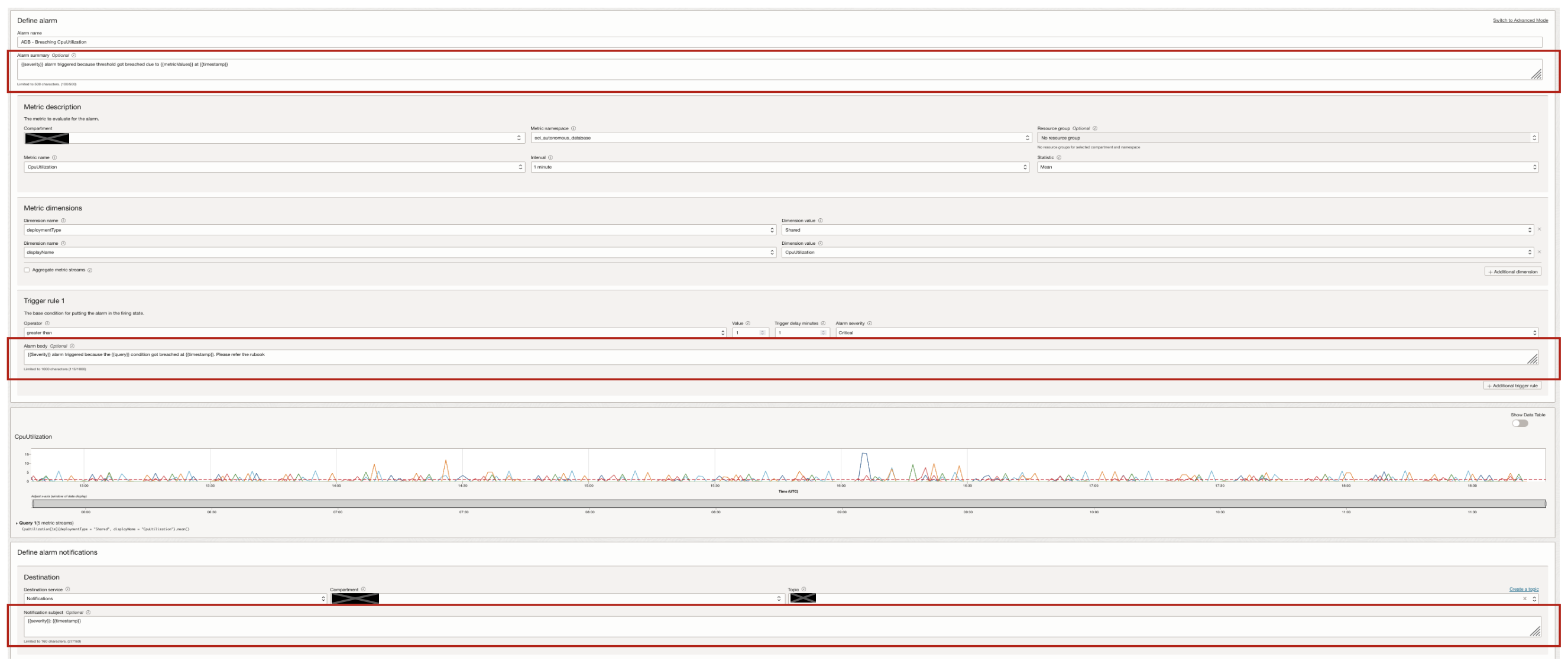 Alarm definition with ability to add dynamic variables in alarm body, summary and notification subject