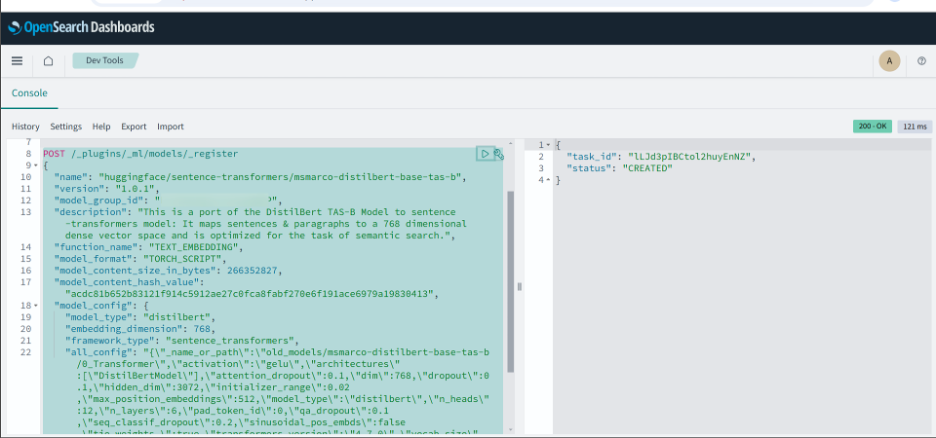 OCI OpenSearch dashboard showing pretrained model registration 