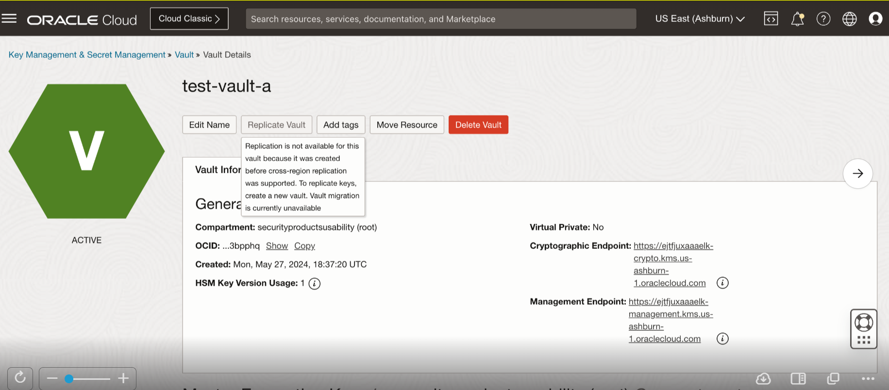 Vault details for an example vault that can’t be replicated.