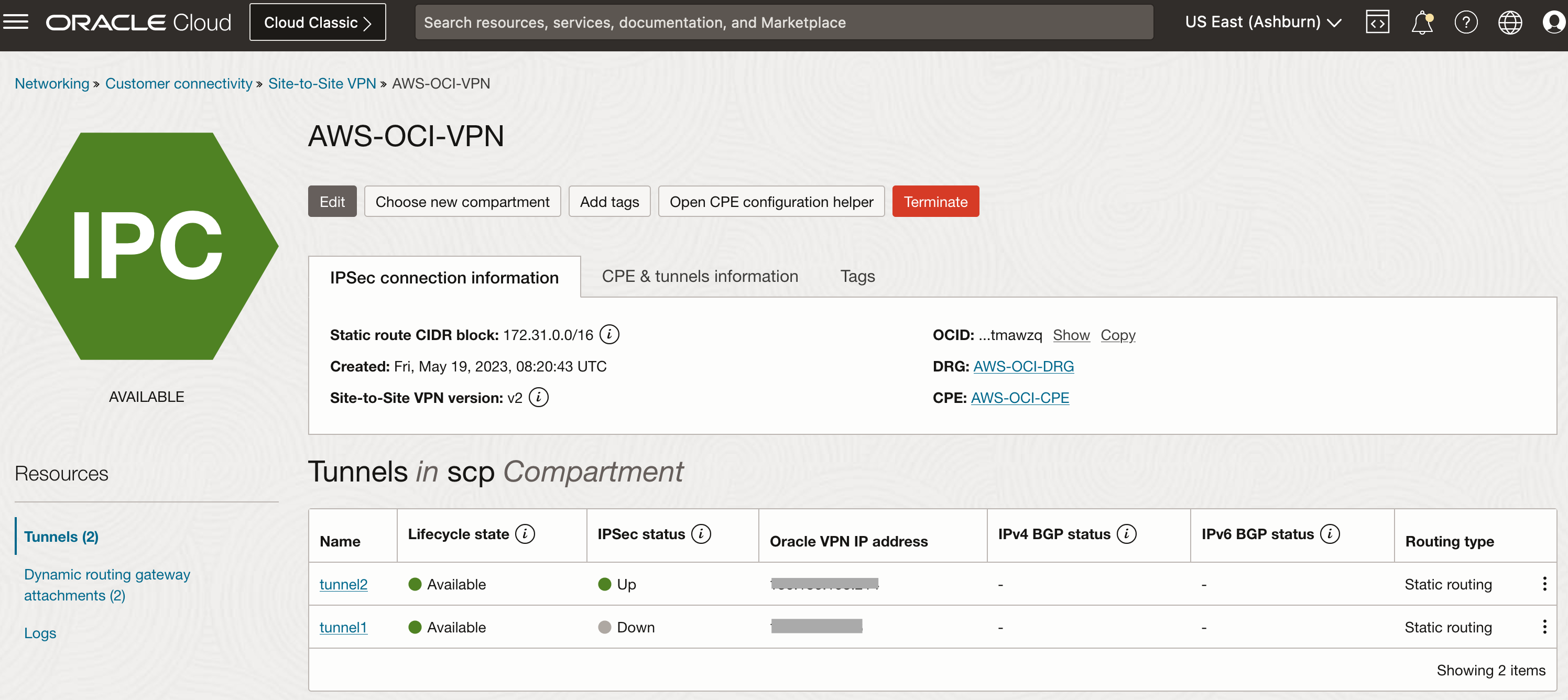 OCI - AWS Connectivity: Tunnel Status - OCI Side