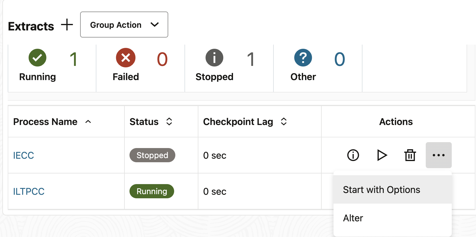Start Integrated Extract with options