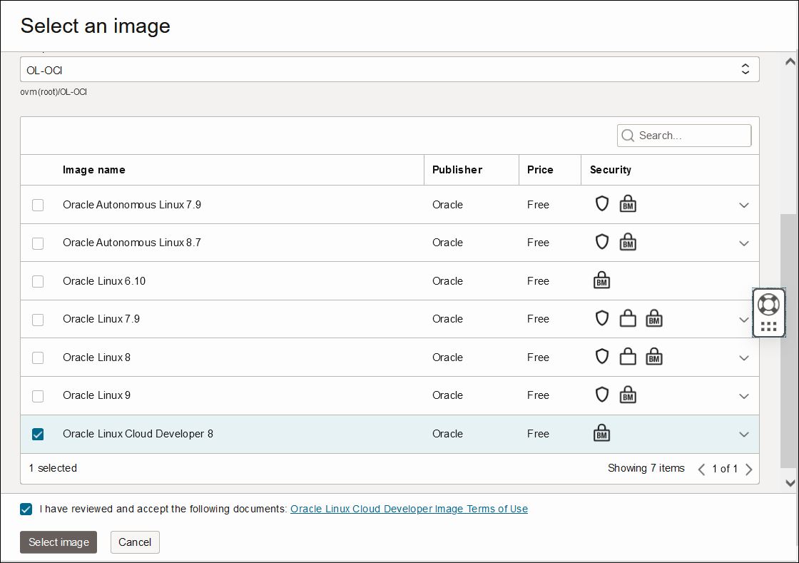A screenshot of the Select an image page in the Oracle Cloud Console with the Oracle Linux Cloud Developer image selected.