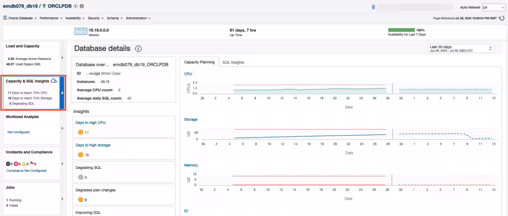 Capacity Planning tab – Database capacity view