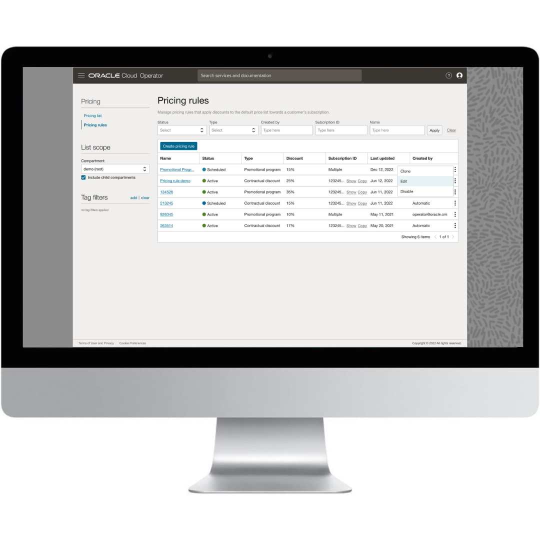 Oracle Alloy Setup Pricing Rules