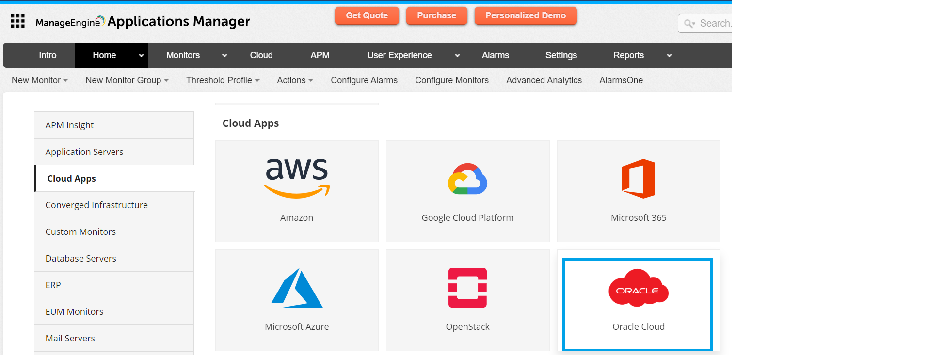 A screenshot of the ManageEngine dashboard showing Oracle Cloud Apps as an option