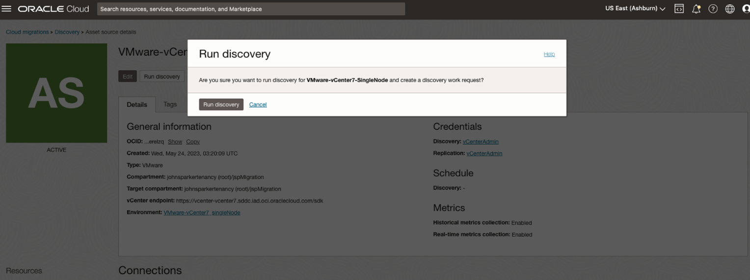 A screenshot of an import run to discover VMs in the Console