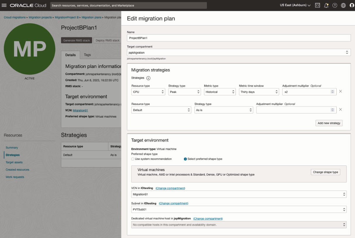 A screenshot of the Edit Migration Plan window, showing migration strategies and target environments