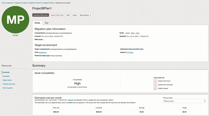A screenshot of the Migration Plan Details page, showing the operational pricing in the Estimated Cost Per Month section