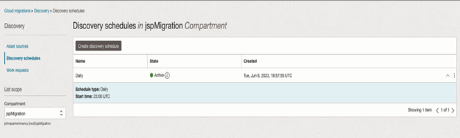 A screenshot of a discovery schedule of VMs in a compartment in the Console