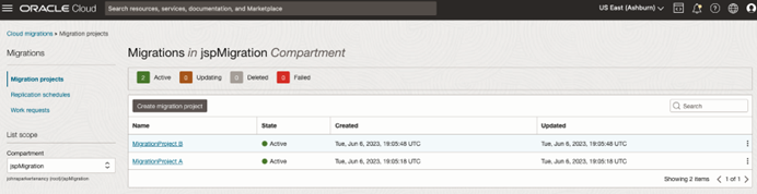 A screenshot of the Migration Projects page in the Console, showing the migrations grouped by tags