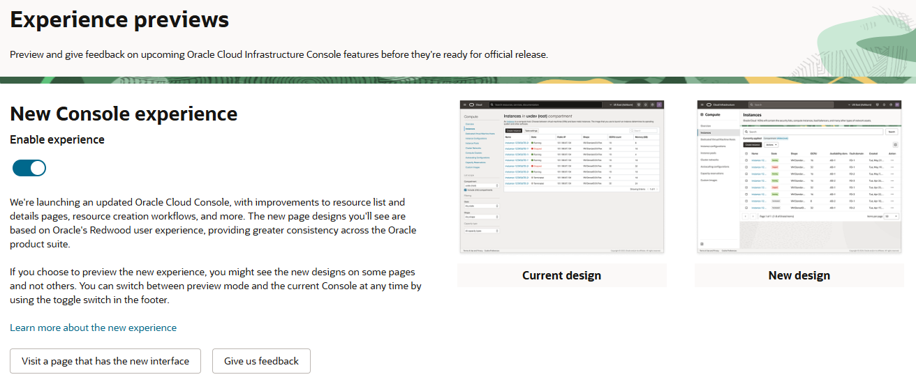 New Console experience toggle and comparison.