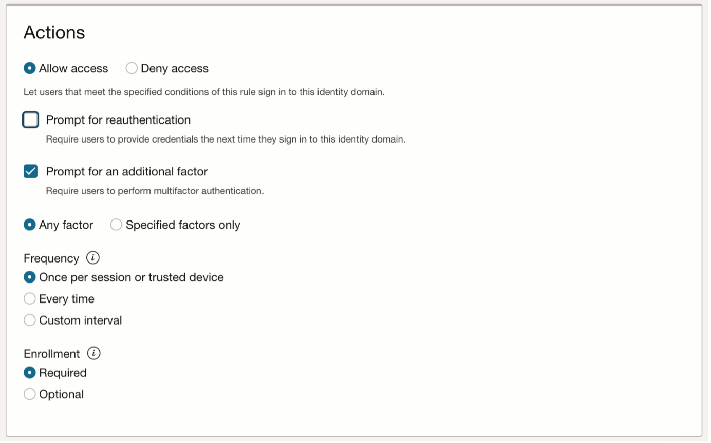 A screenshot of the Actions section in the Oracle Cloud Console with the configuration details selected.