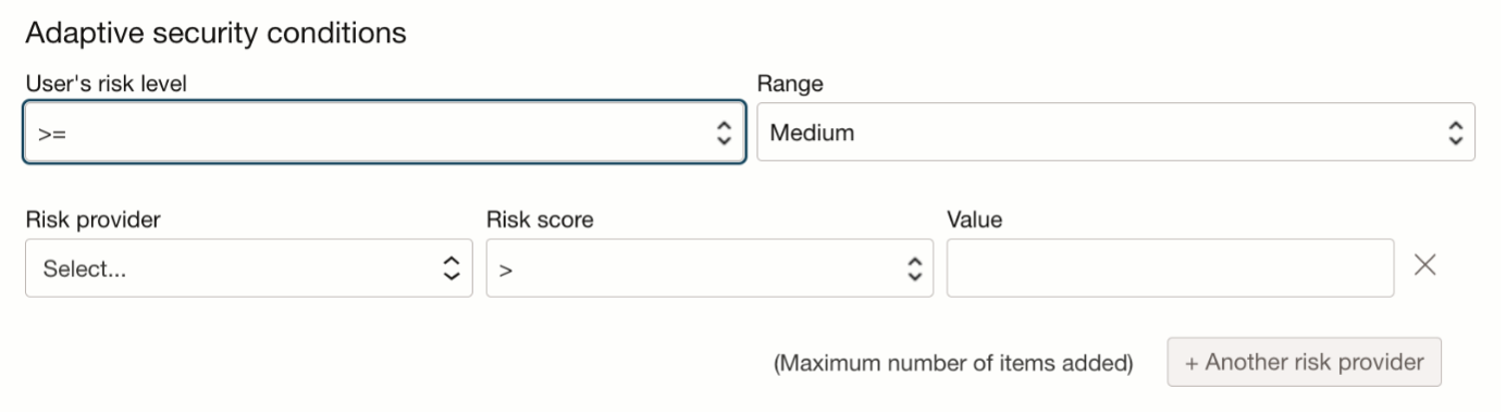 A screenshot of the Adaptive security conditions section in the Console showing a selected risk level range of greater than or equal to medium.