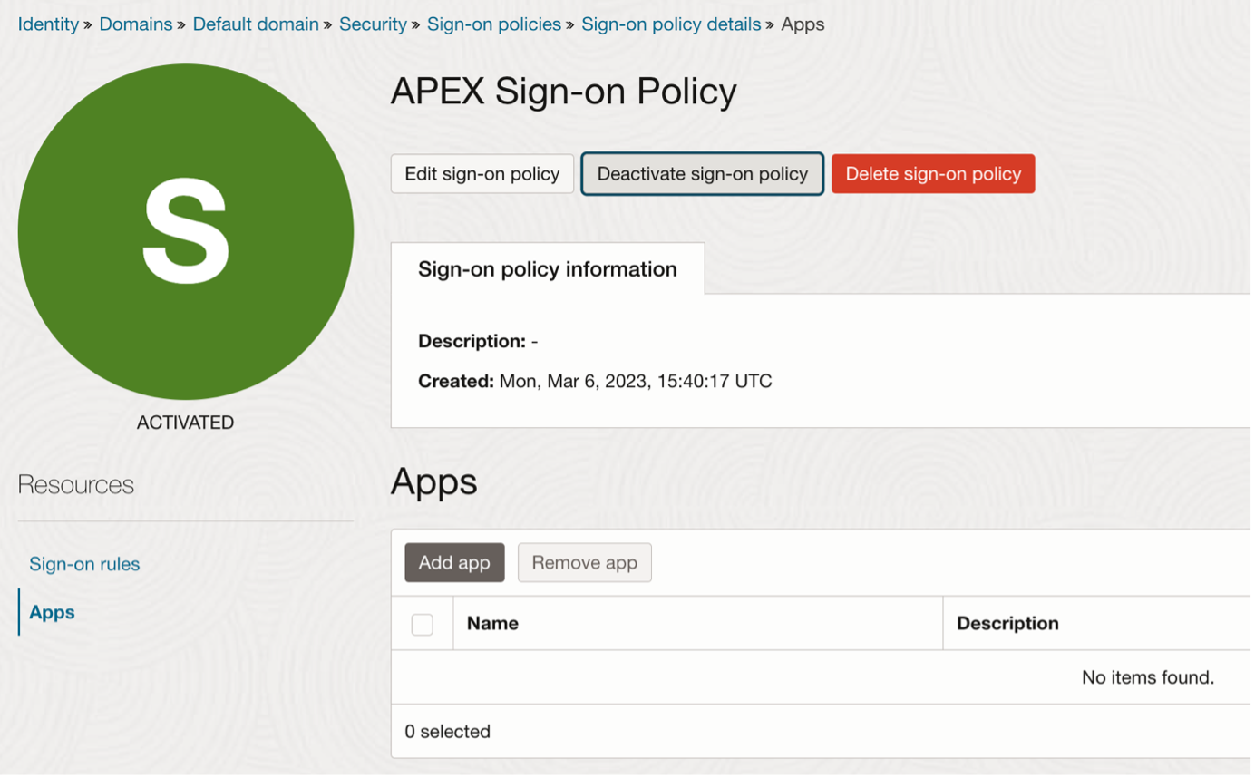A screenshot of the Apps page, showing the sign-on policy information for specific apps.