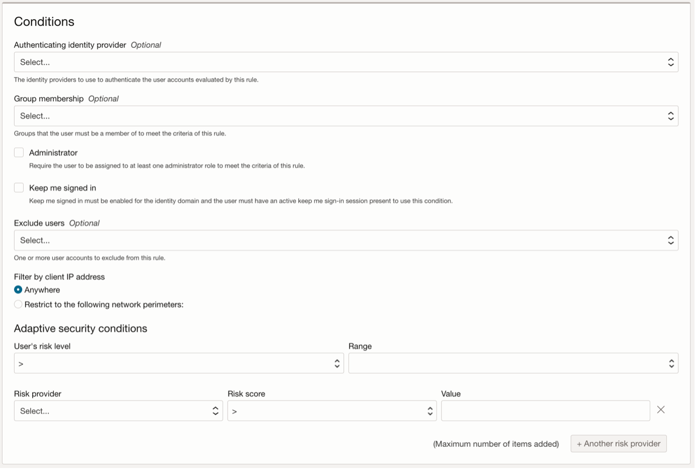 A screenshot of the Conditions section in the Oracle Cloud Console with the configuration details selected.