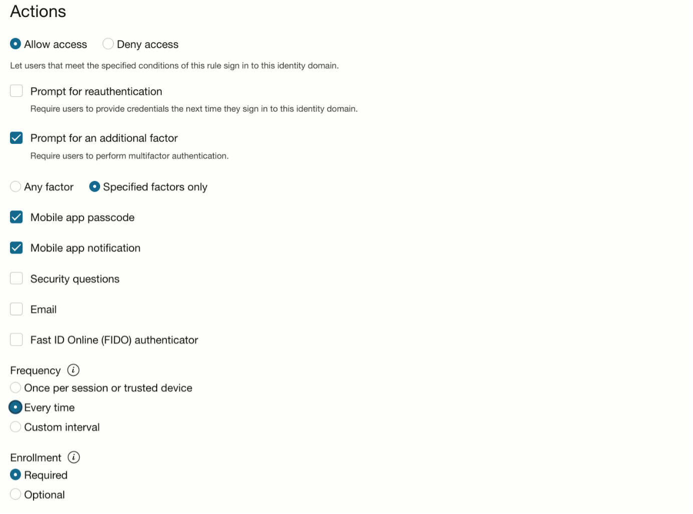 A screenshot of the Actions section with the option for “Prompt for an additional factor” selected.
