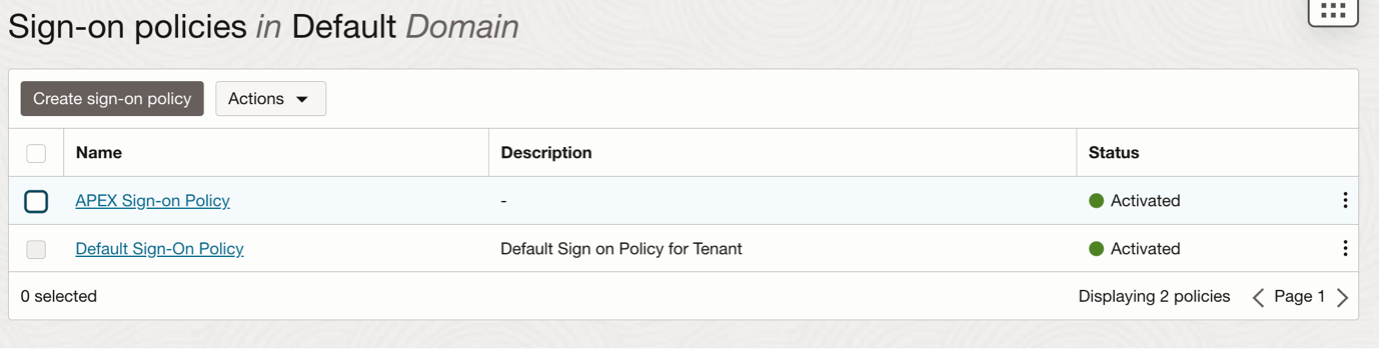 A screenshot of the Sign-on policies in the Default domain page, showing the default and created policies.