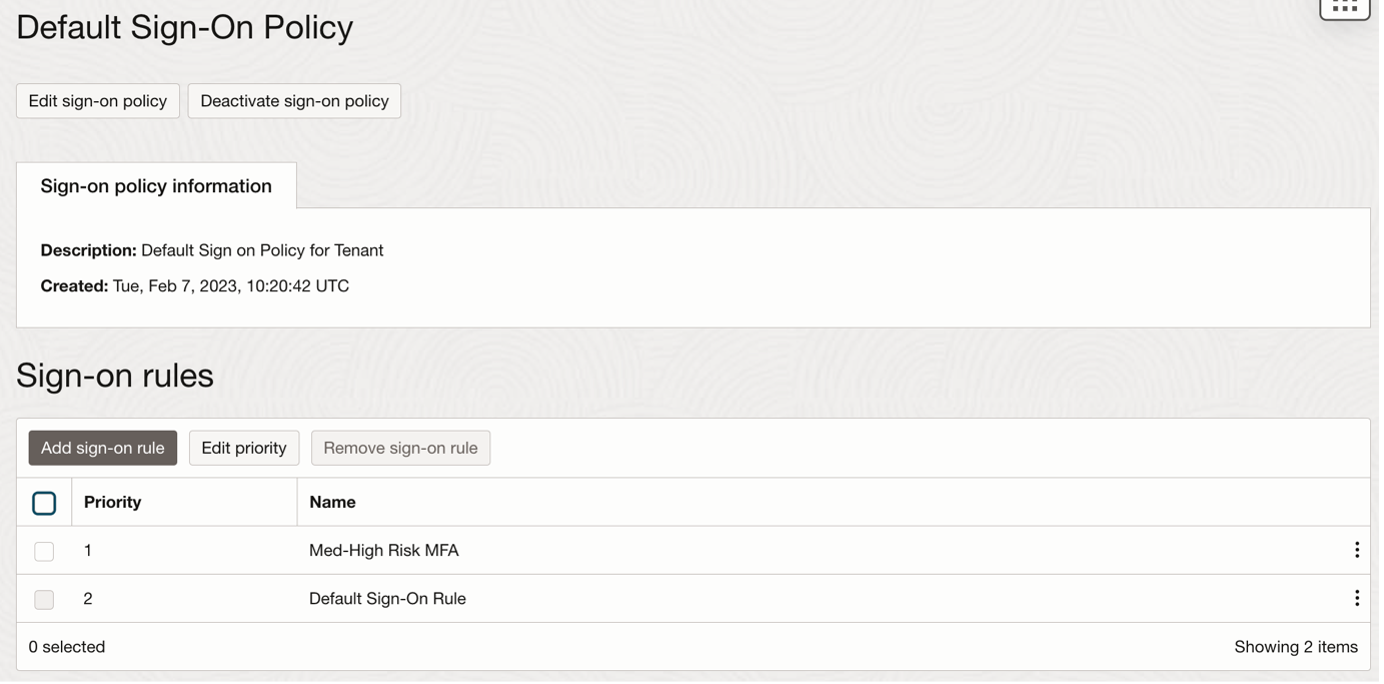 A screenshot of the Default Sign-On Policy screen with the sign-on rules shown ranked by priority.