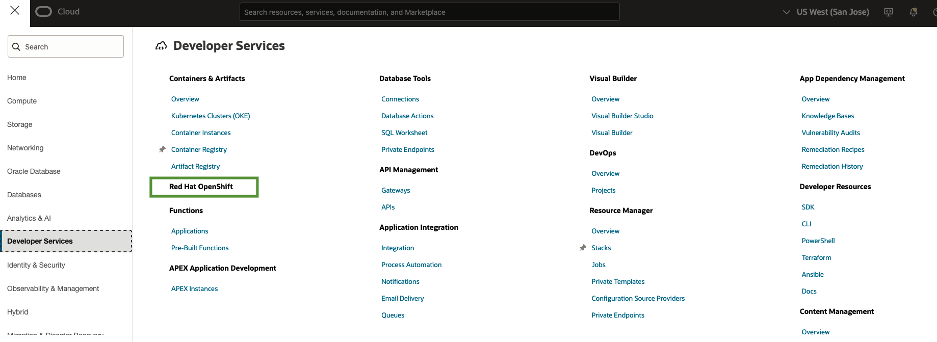 OCI Console page with Developer services listed and Red Hat OpenShift emphasized with a green border