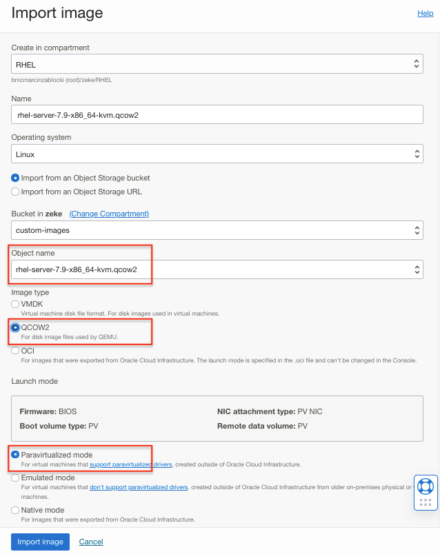 A screenshot of the Import Image page with the object name and image type fields outlined in red.