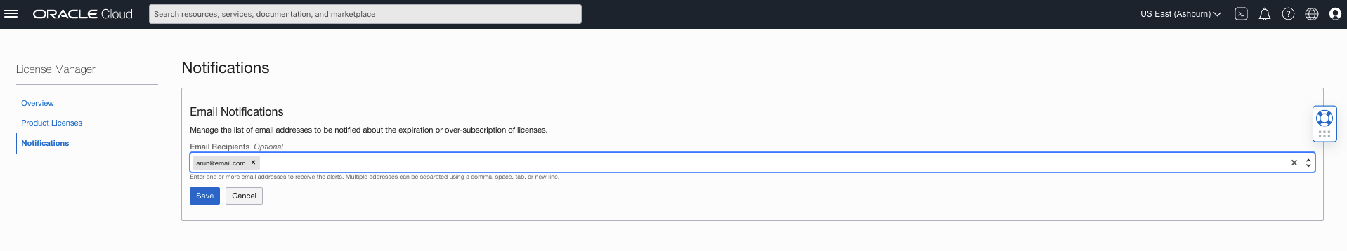 A screenshot of the License Manager Notifications page.