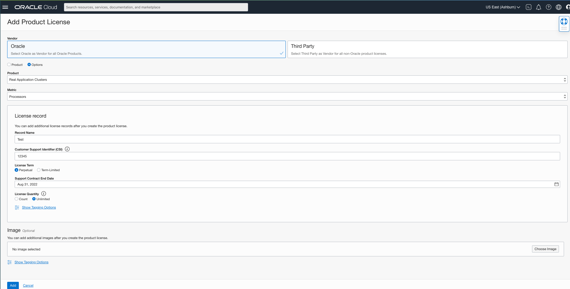 A screenshot of the Add Product License page with the License Record section filled in and Oracle selected as the vendor.