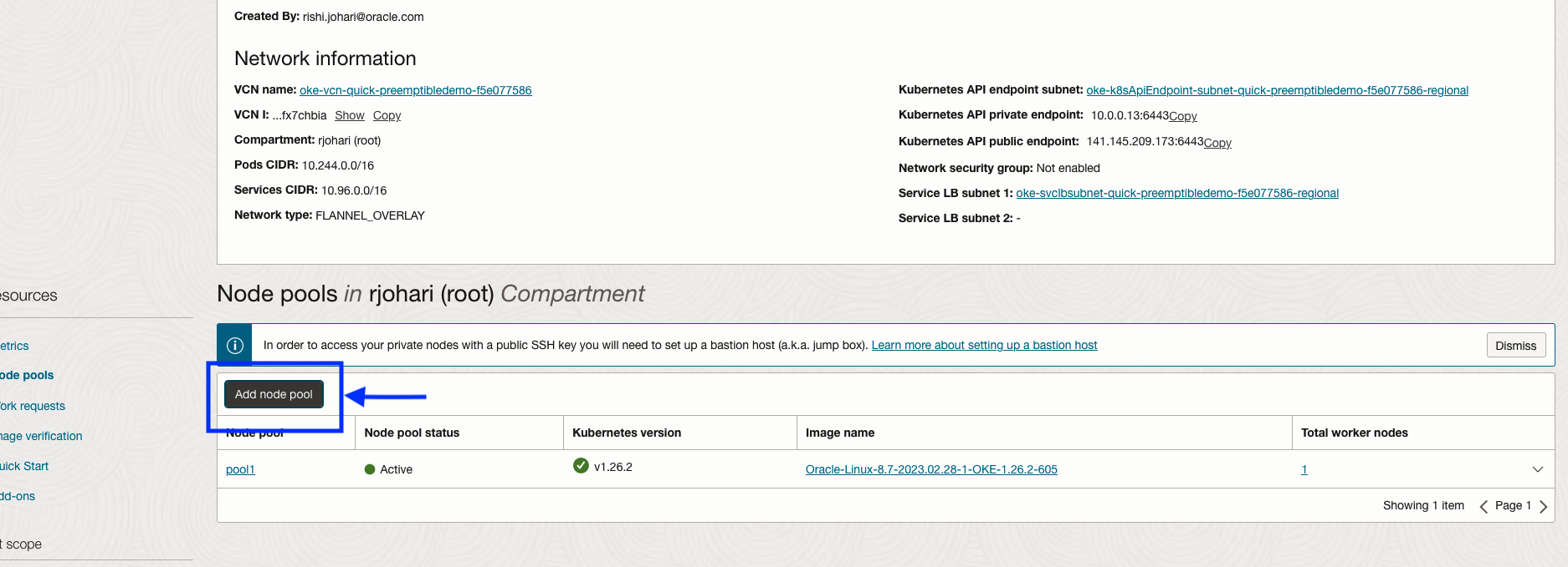 A screenshot of the Node pools in the Compartment section of the Oracle Cloud Console, showing the Add node pool button outlined in blue with a blue arrow pointing to it.