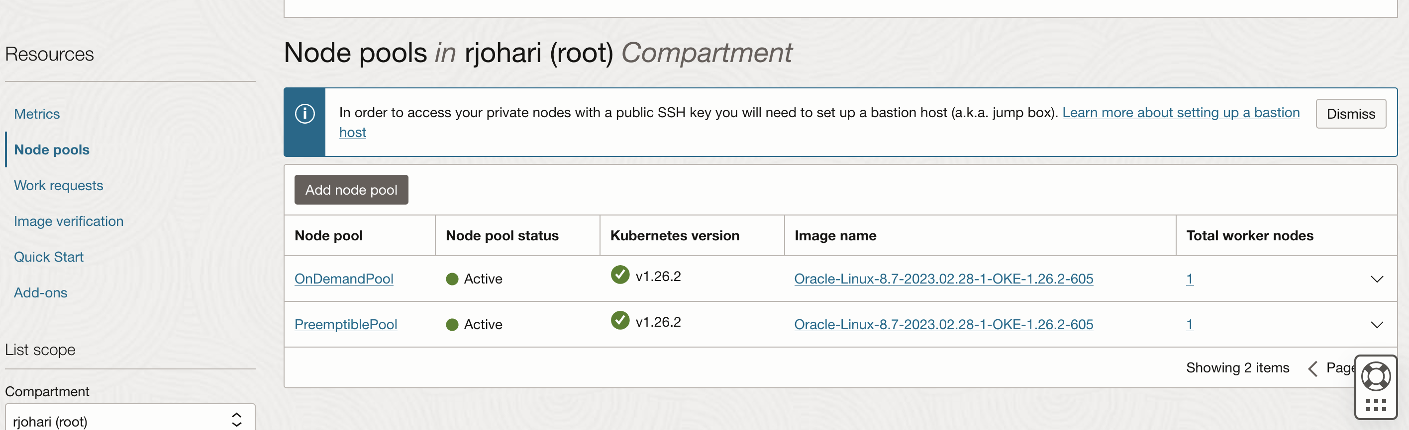 A screenshot of the added node pools available in the compartment.