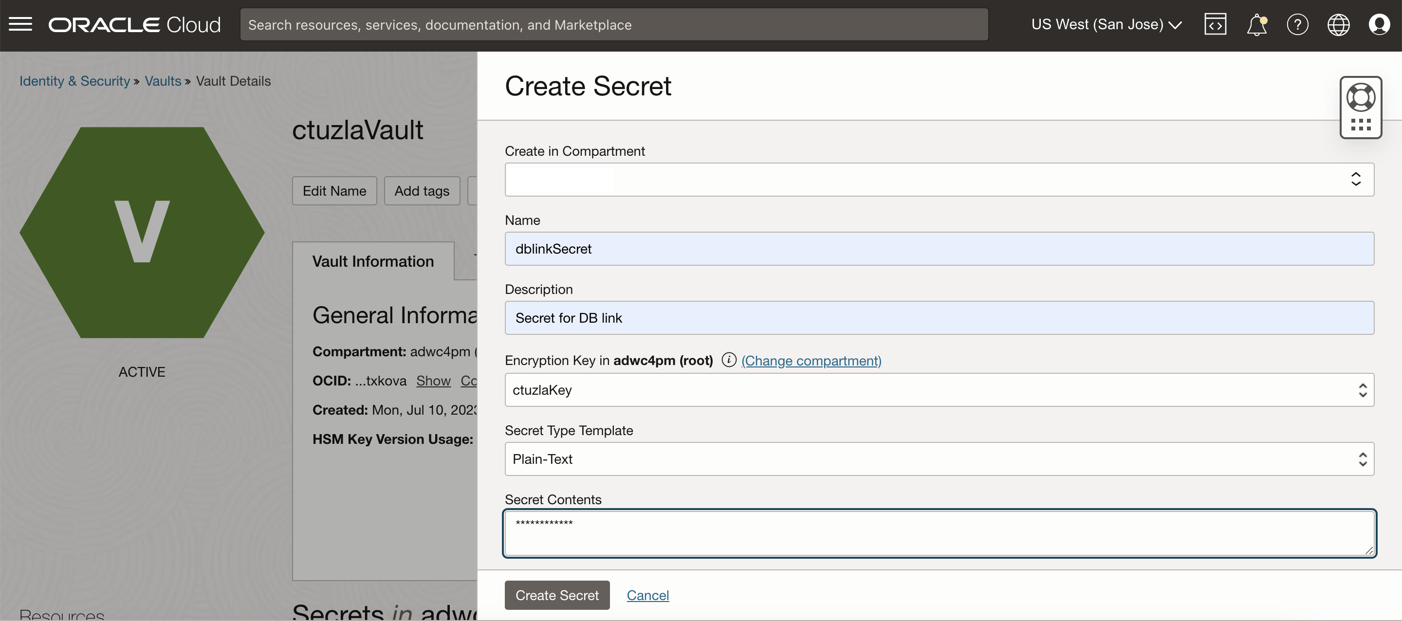 Create OCI Vault secret