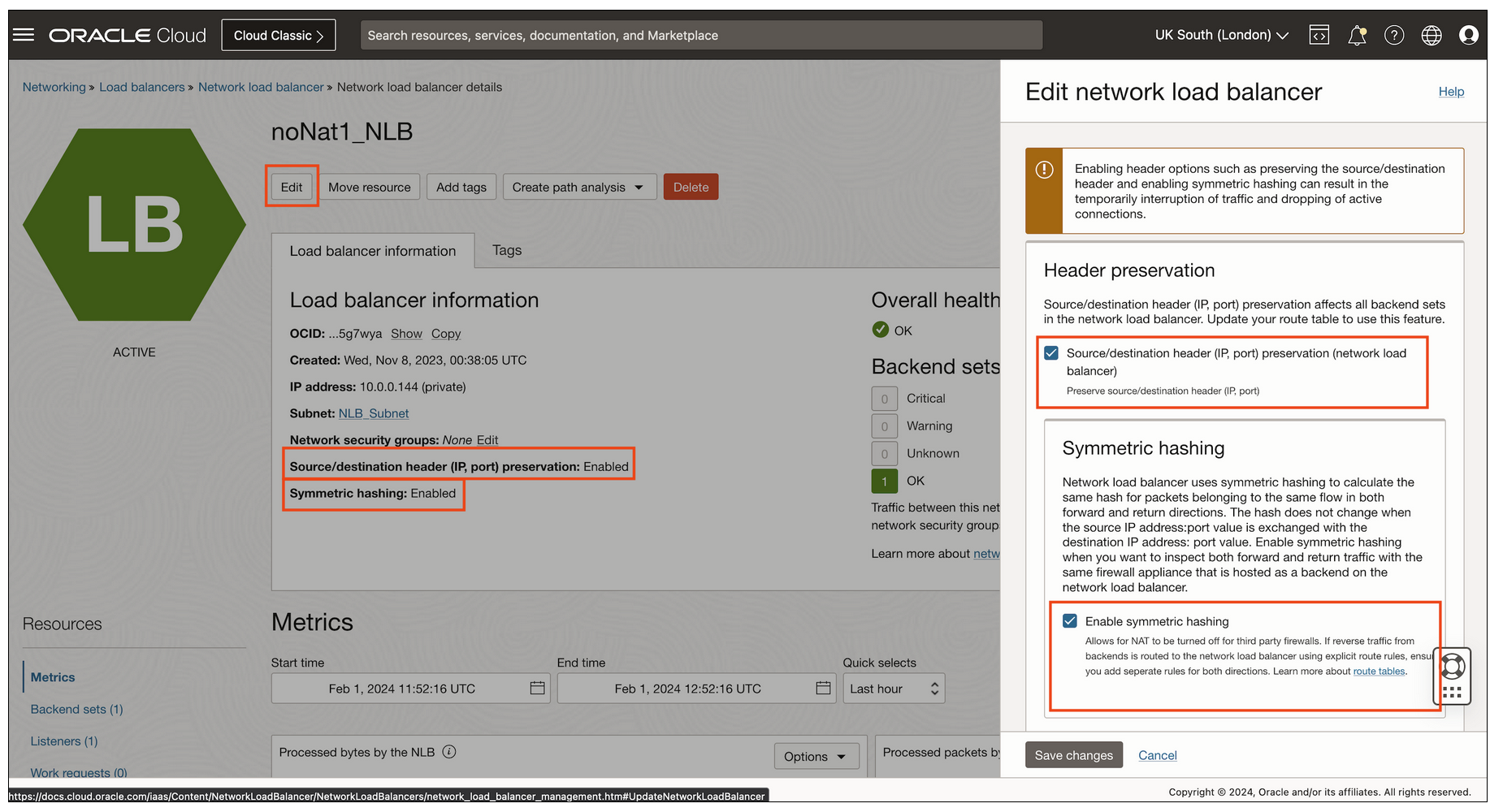 Editing network load balancer details to enabling symmetric hashing.
