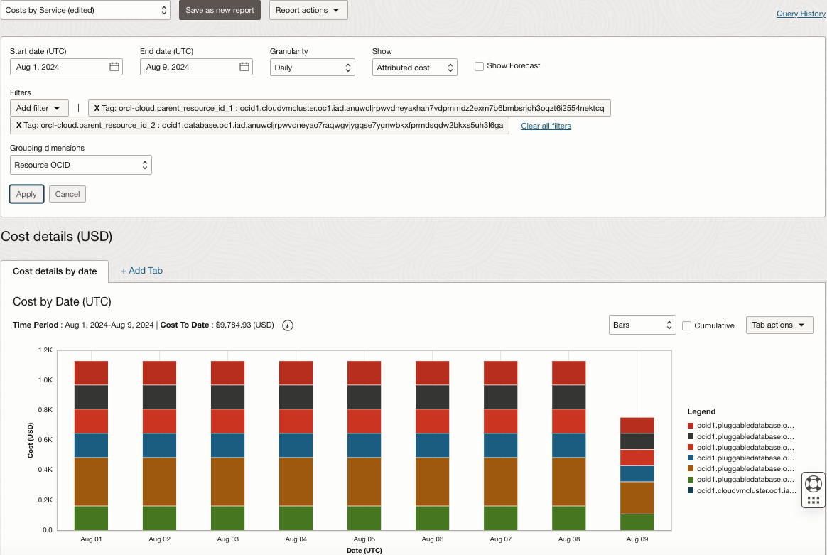 Cost Analysis grouped by PDB resource ID and filtered by VM Cluster and CDB OCIDs