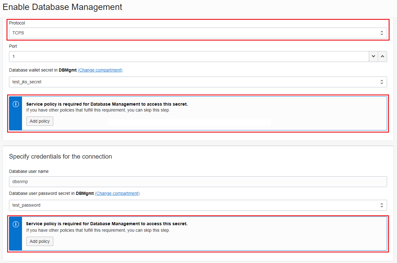 Option to automatically generate and add the service policy in the Enable Database Management panel.