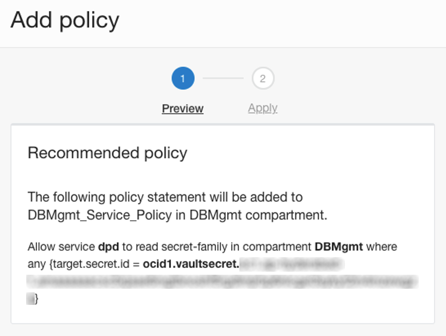 Add policy panel with the recommended service policy.