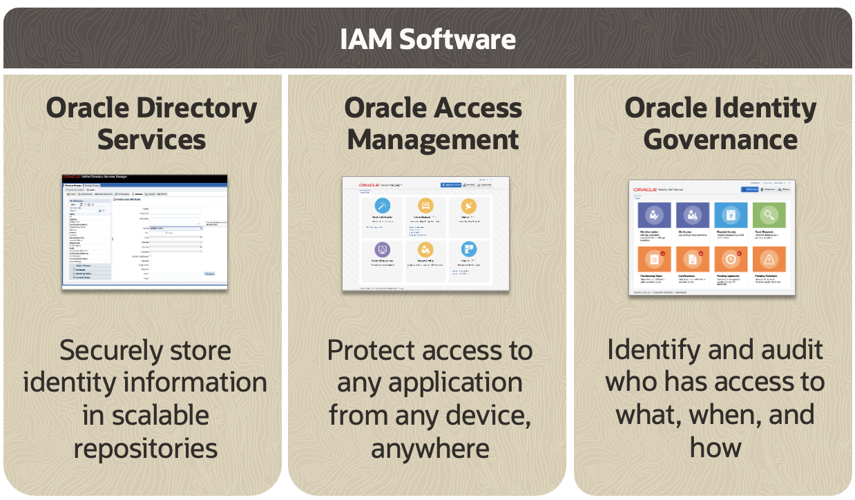 Components of Oracle IAM software: Oracle Directory Services, Oracle Access Management, and Oracle Identity Governance.