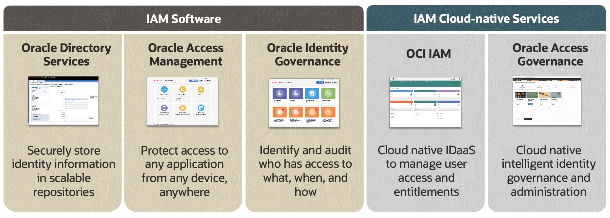 Oracle IAM and IAM cloud native services.
