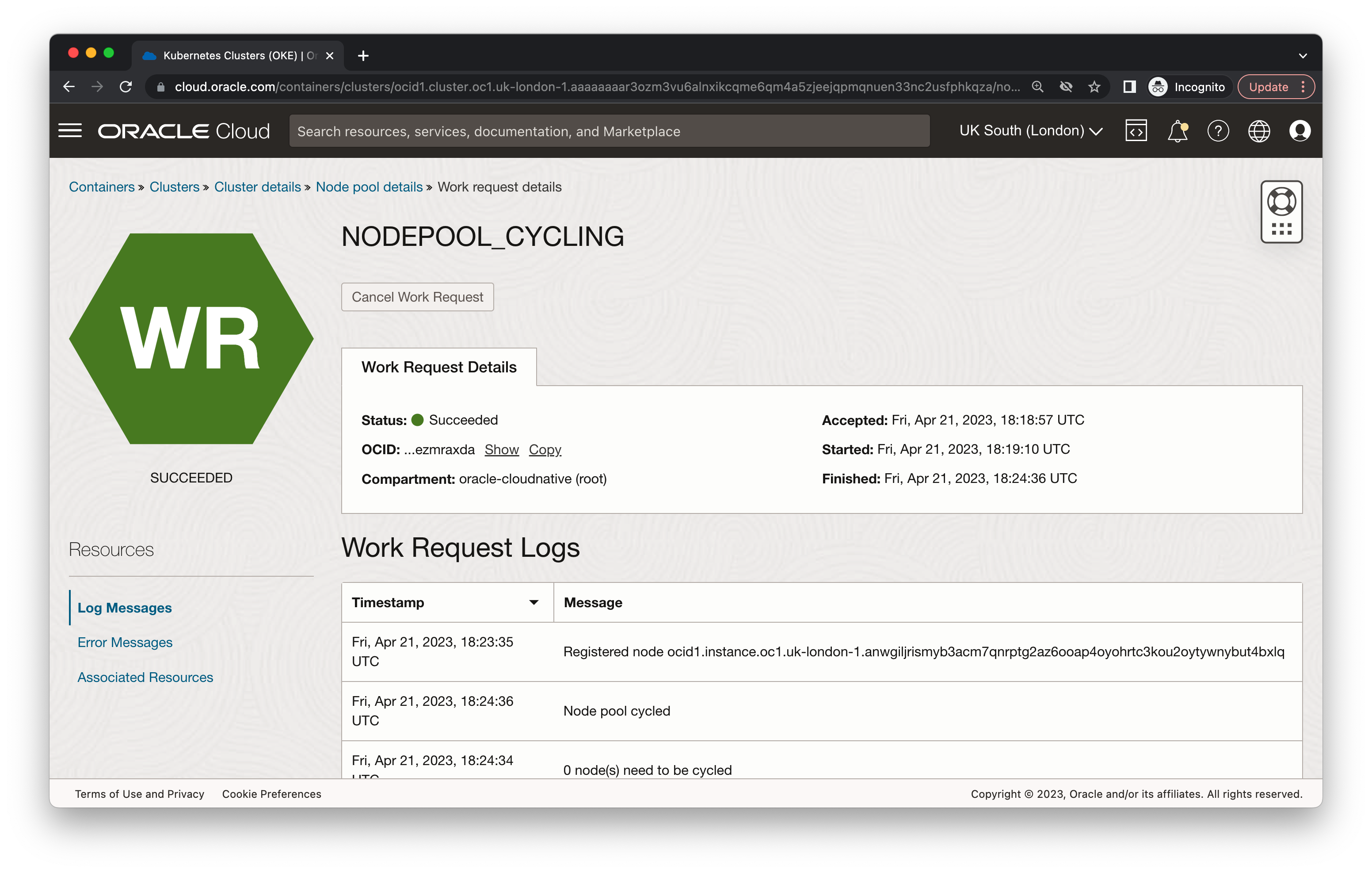 A screenshot of the Work request details page showing a successful work request.
