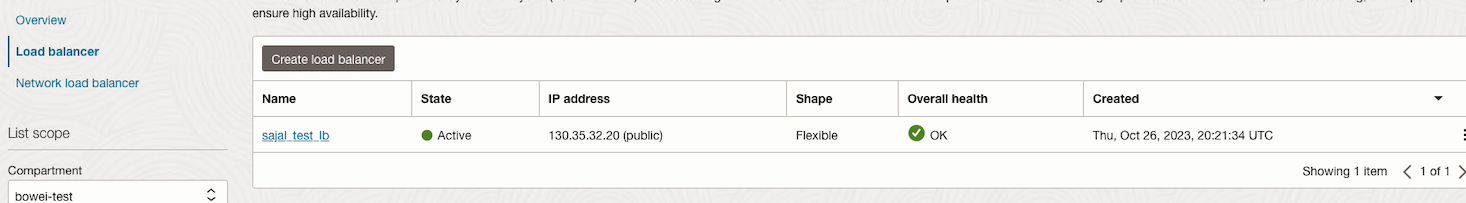The available load balancers in the example tenancy.