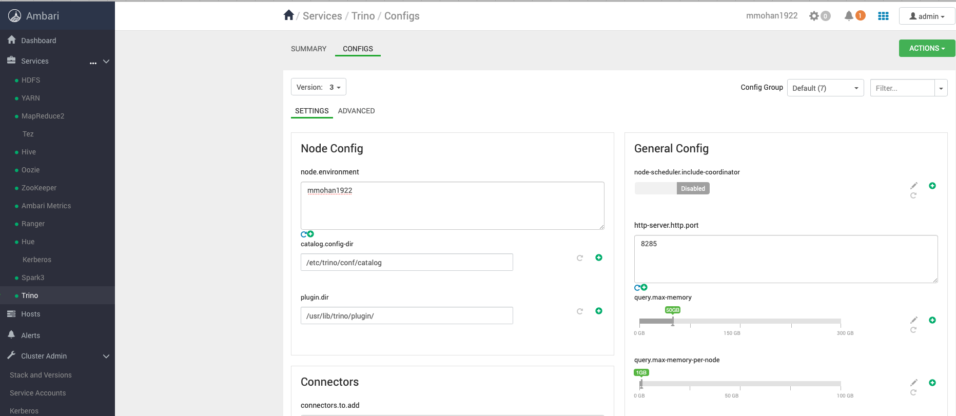 A screenshot of the Trino service configuration page in Ambari.