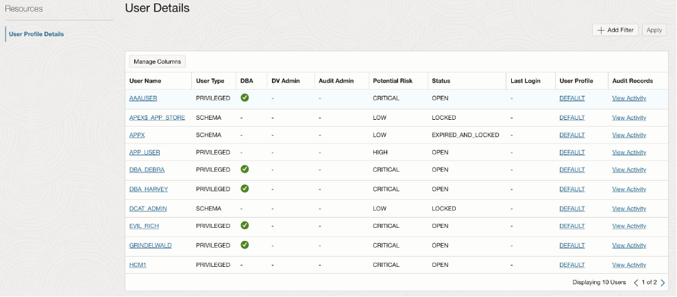 A screenshot of the User Profile Details page showing the available filters and organizational tools.
