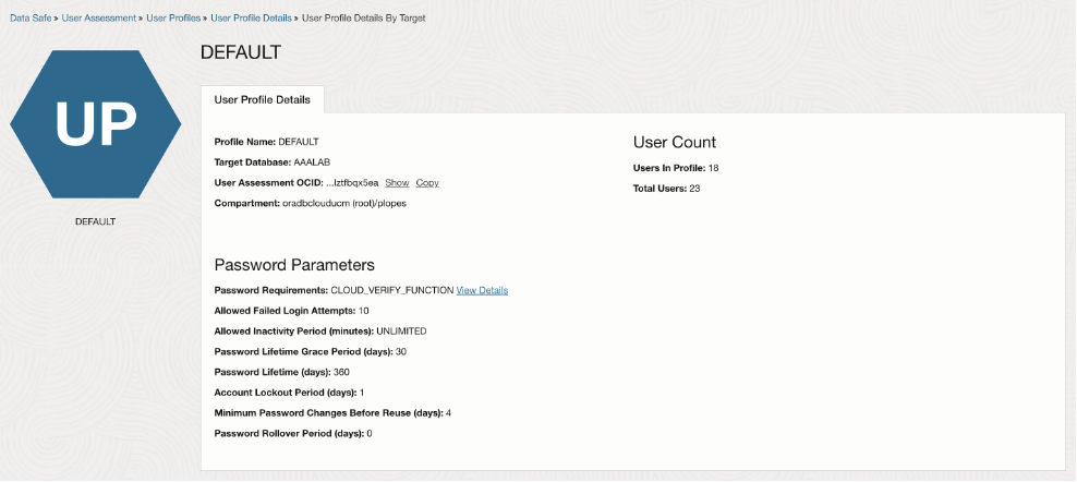 A screenshot of the User Profile Details by Target page showing user profile details, password parameters, and user count.