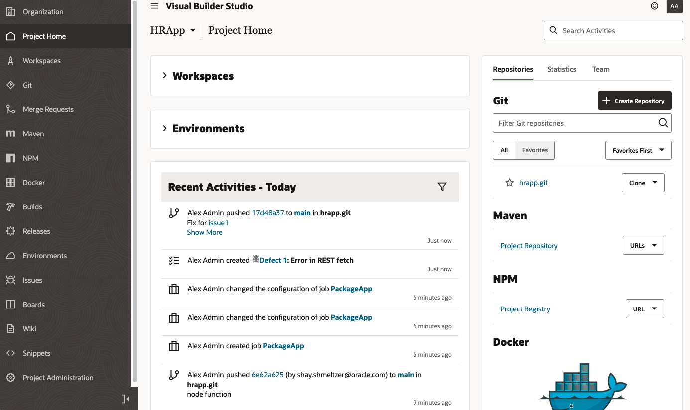 A screenshot of the Visual Builder Studio dashboard in the Oracle Cloud Console.