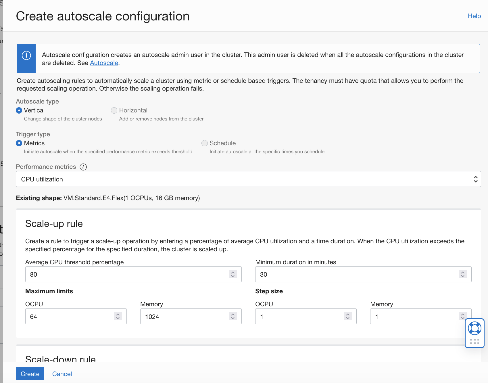 A screenshot of the Create autoscale configuration window for vertical autoscaling.