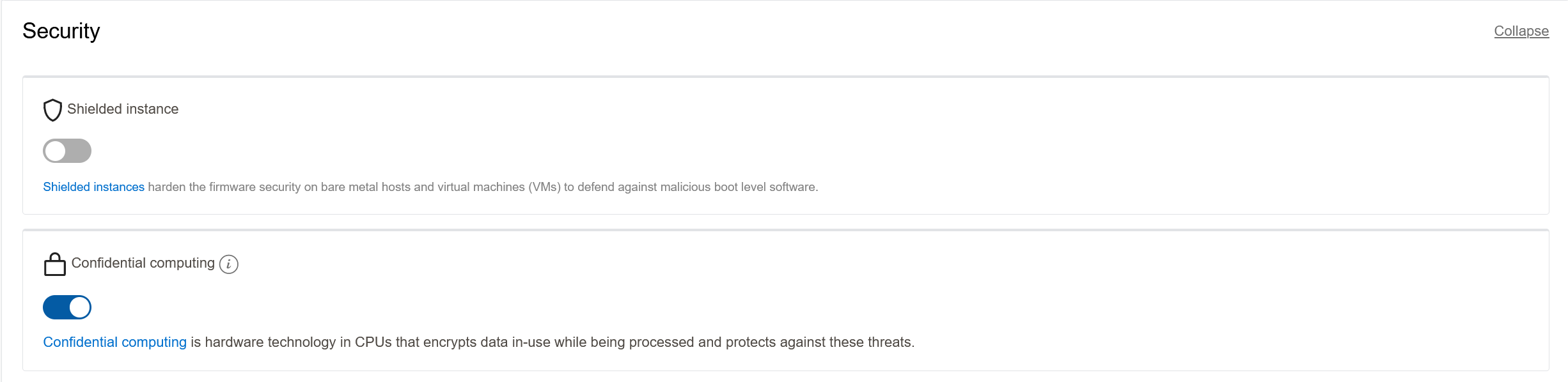 A screenshot of the Security section showing the Confidential Computing option turned on.