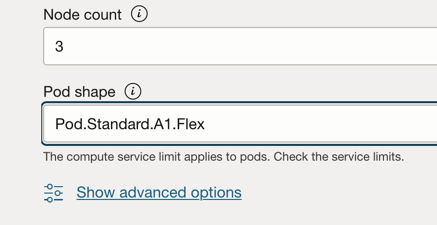 A screenshot of the Node count and Pod shape menus on the creation screen.