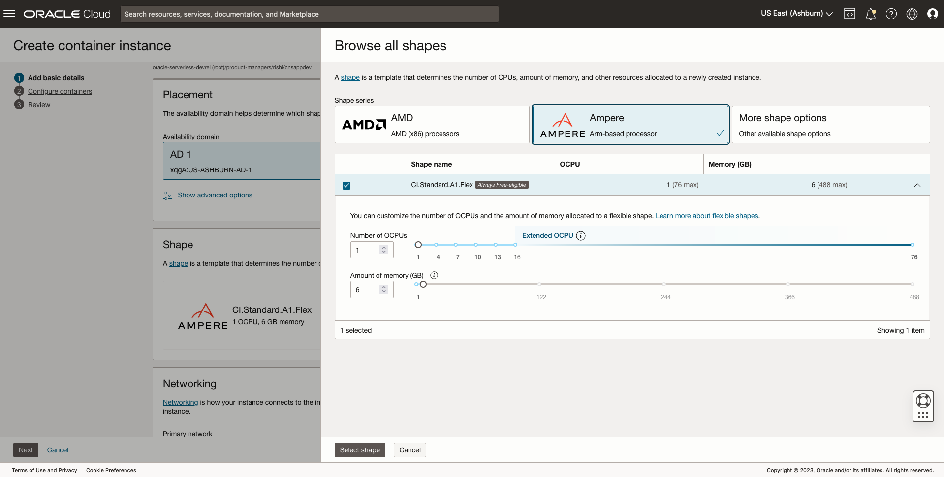 A screenshot of the Browse All Shapes window in the Oracle Cloud Console, showing the available shapes, with the Ampere Arm-based processor highlighted.