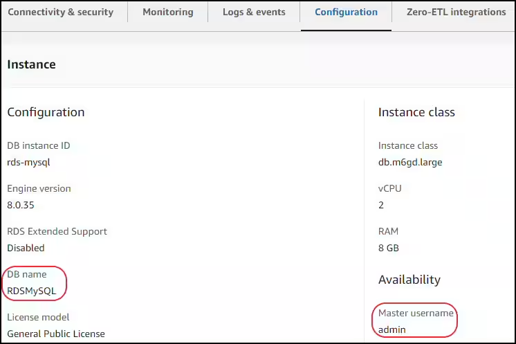 db name and master username