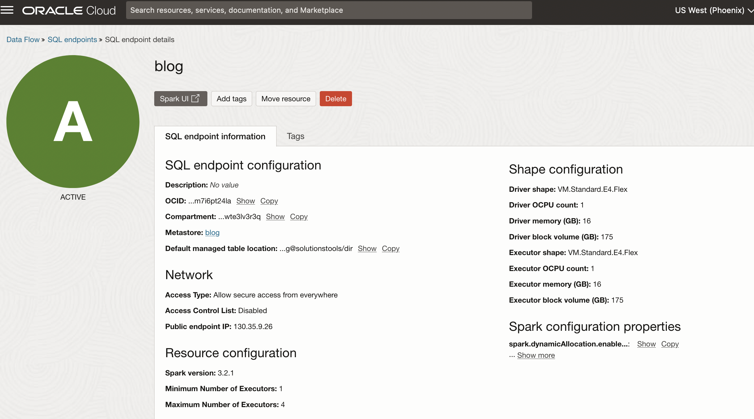 A screenshot of the SQL endpoint details page in the Oracle Cloud Console.