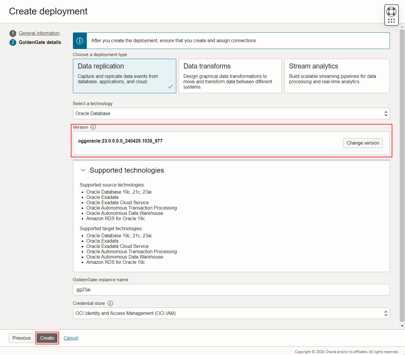 OCI GoldenGate - Create Deployment - Create